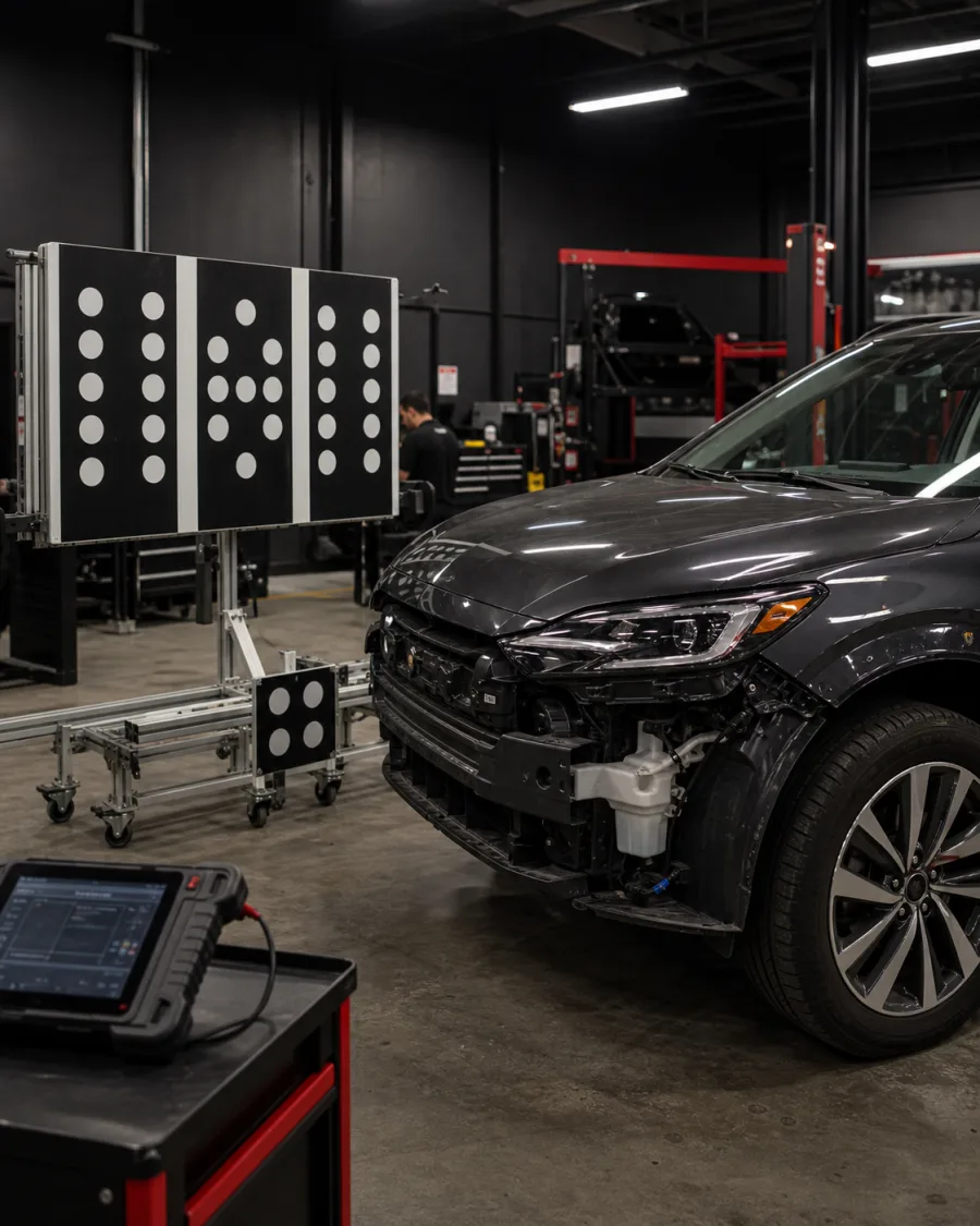 ADAS calibration target boards set up in a repair bay next to a vehicle after front-end repair