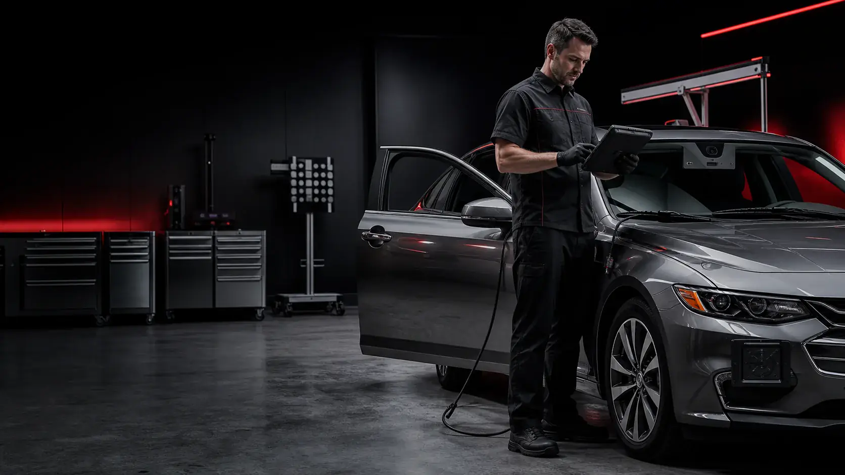 Technician diagnosing vehicle systems with a scan tablet