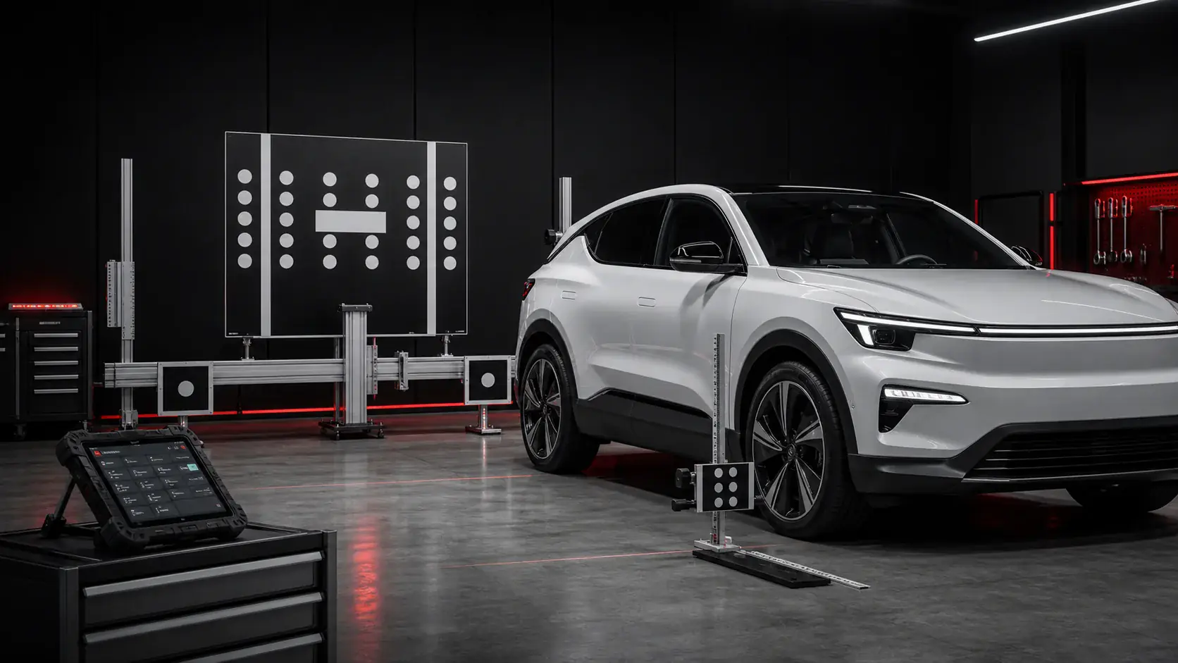 ADAS calibration target system positioned in front of an electric vehicle