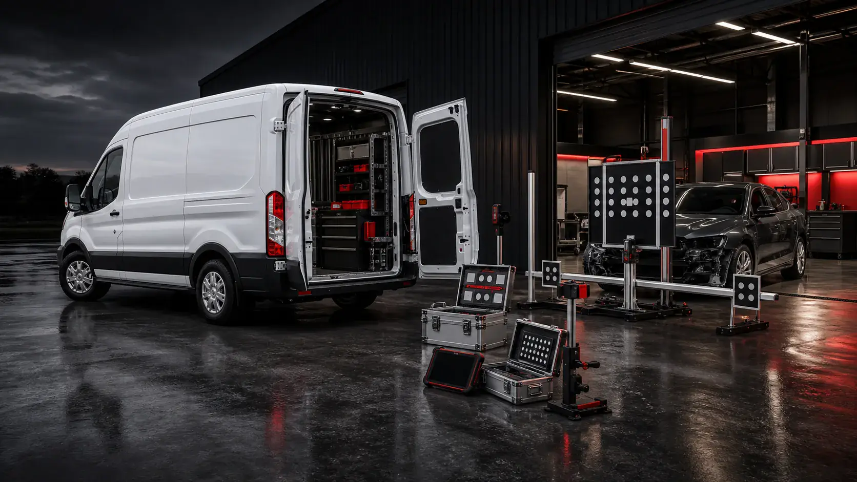 ADC mobile ADAS calibration equipment staged with portable targets for Chatham Illinois repair facilities