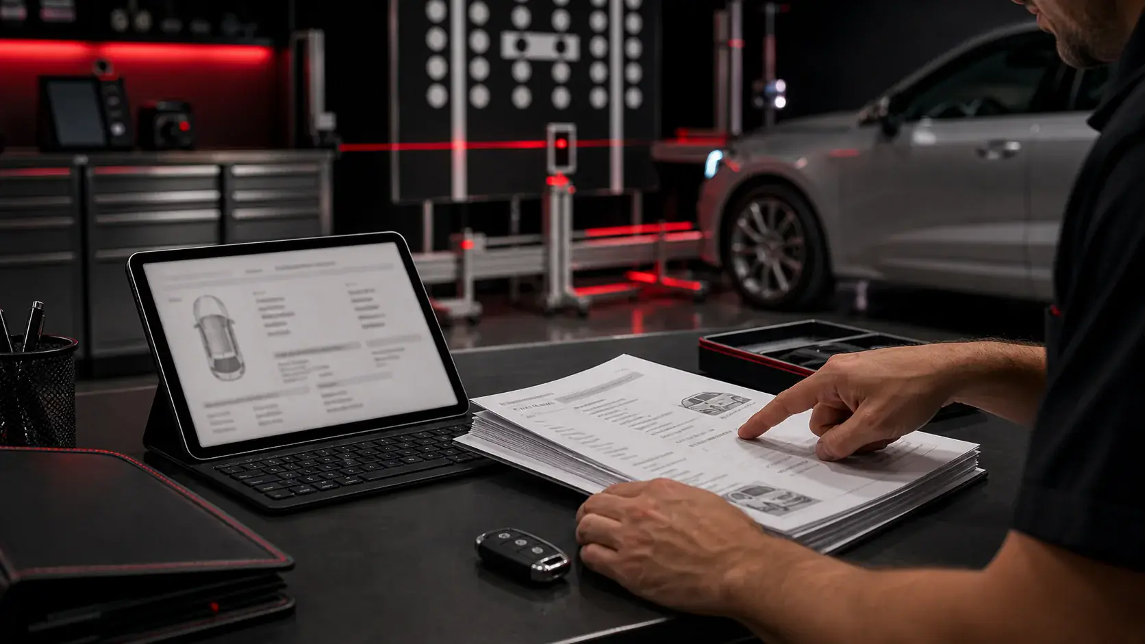 Technician documenting diagnostic and ADAS calibration results