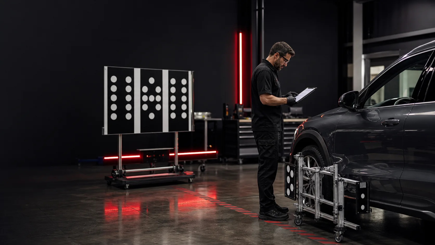 Technician reviewing calibration notes beside a vehicle and ADAS target boards in a clean shop bay